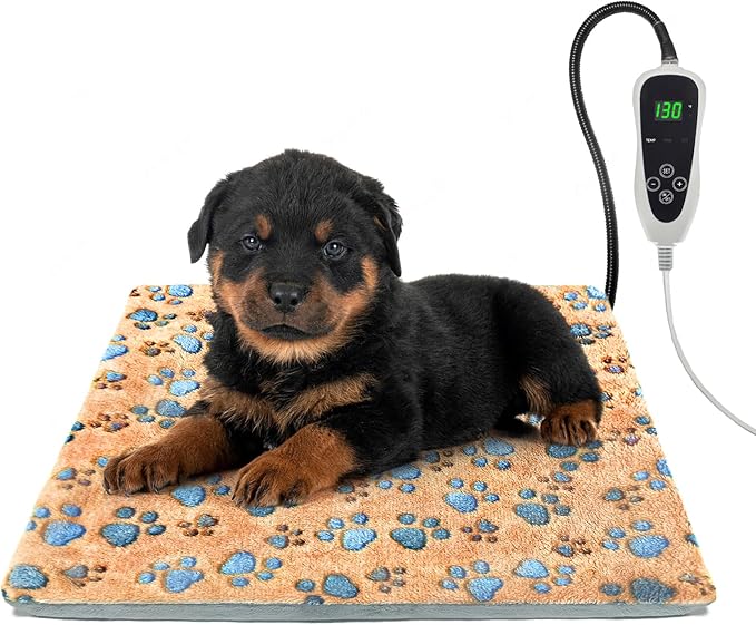 Cat Heating Pad，18×18 In Dog Heated Bed Smart Temperature Control Switch, Metal Protective Pipe Waterproof PVC Cat Beds For Indoor Cats With a Plush Cotton Cover，Heat Lamp For Puppies - Apricot