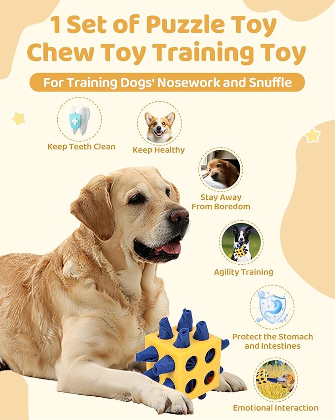 Interactive Puzzle Dog Toy Encourage Natural Foraging Skill, Durable Dog Enrichment Toy Snuffle Cube Cloth Strip with Hide & Seek Food, Slow Feeder for Mind Stimulate & Stress Relief (Yellow)