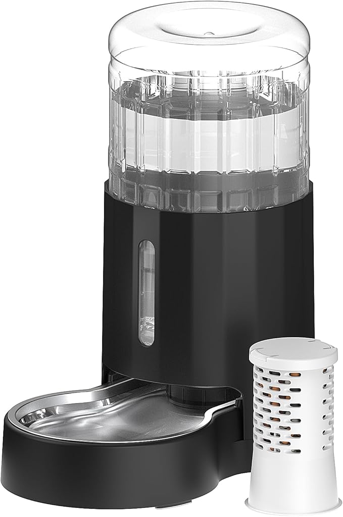 CZPET Automatic 4L Filter Dog and Cat Water Dispenser with Stainless Steel Bowl Gravity Waterer,Large Capacity and Drinking Area Noise-Free for Pets (Black)