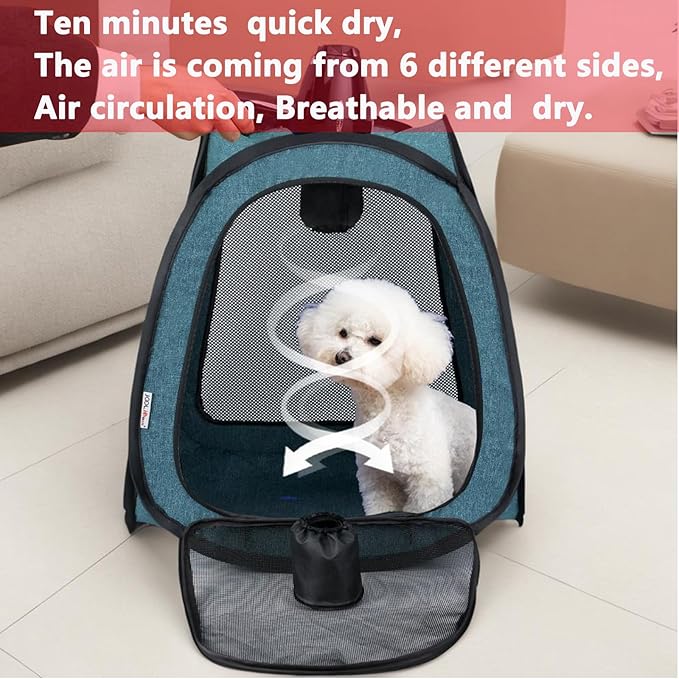 PetDogCatDrying Box Waterproof Anti-Hair Flying Portable Cat Cage Kennel Portable Foldable Cat Drying Room Pet Dry Room Pet HairDryerClean Grooming House Dryer Cage for Cats/Dogs (Trapezoid Blue)