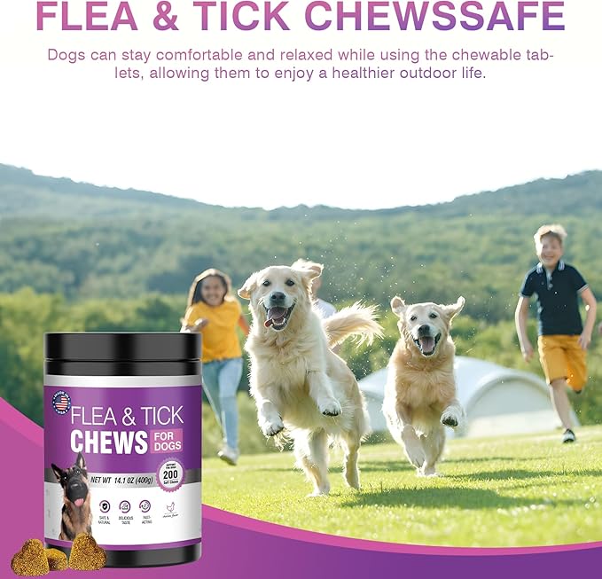 Dog Flea and Tick Treatment Chewable 200 Treatment Chews Natural Soft Chew Fleas Ticks Treatment Dog Oral Chewables Support Supplement Pest Defense Breeds and Ages Dogs Chicken Flavor