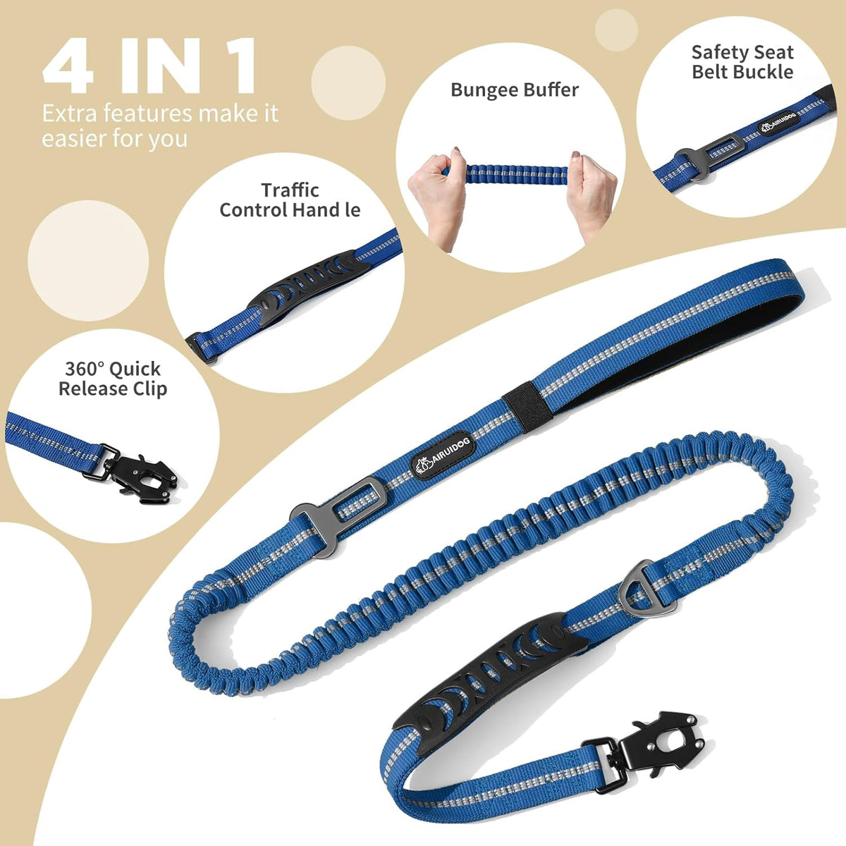Heavy Duty Tactical Bungee Dog Leash, 4-6FT Shock Absorbing Tactical Dog Leash with 2 Padded Handles, Metal Carabiner Clip,Car Seatbelt, Reflective Dog Leashs for Medium Large Dogs (Blue)