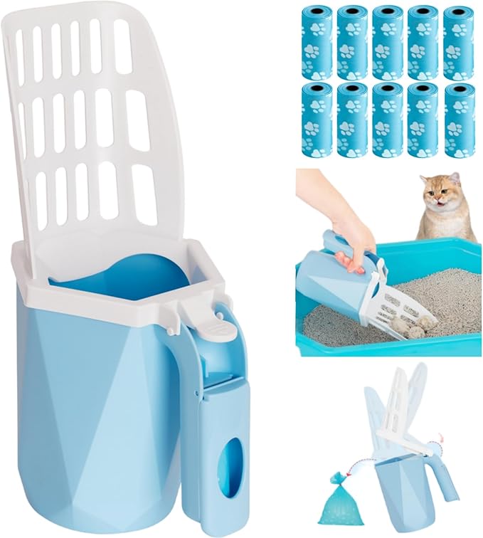 Cat Litter Scoop, Cat Litter Scooper with Holder for Litter Box Includes 10rolls (150pcs) Litter Bags, Large Shovel and Waste Storage Container, 3 in1 Portable Kitty Poop Disposal System (Blue)