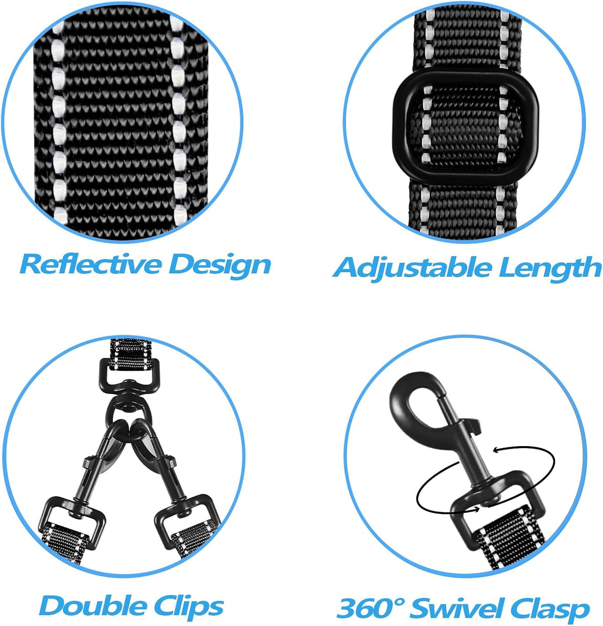 PetBonus Double Dog Leash, No Tangle Dual Leash, Reflective Walking Training Lead, 4 Comfortable Padded Handles for 2 Dogs with Collapsible Bowl and Waste Bags (Black, Large)