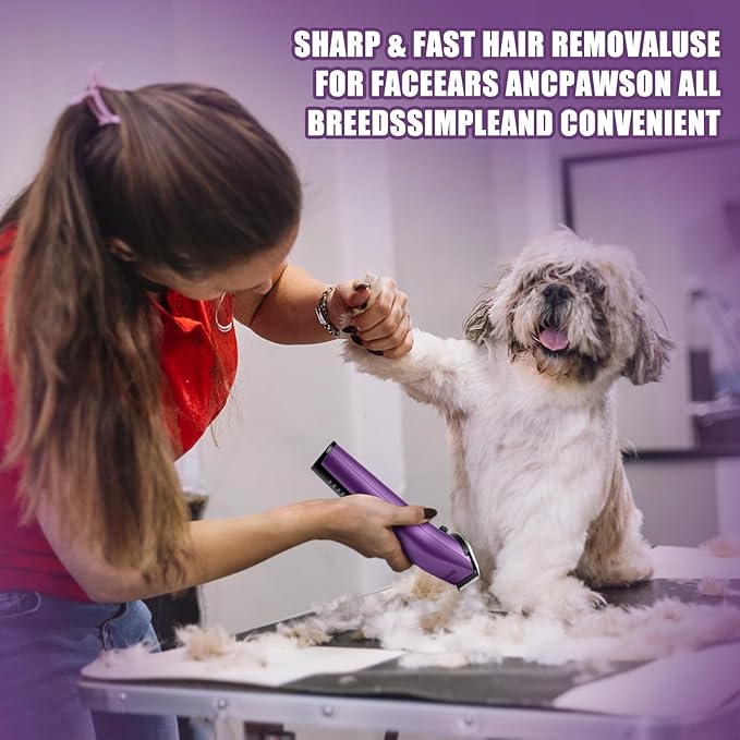 Professional Animal Pet Dog Cat and Horse Cordless Hair Clipper Grooming Kit with 5 in 1 Blade Low Noise & High Power Rechargeable Cordless Pet Grooming Clipper for Thick Heavy Coats -Purple