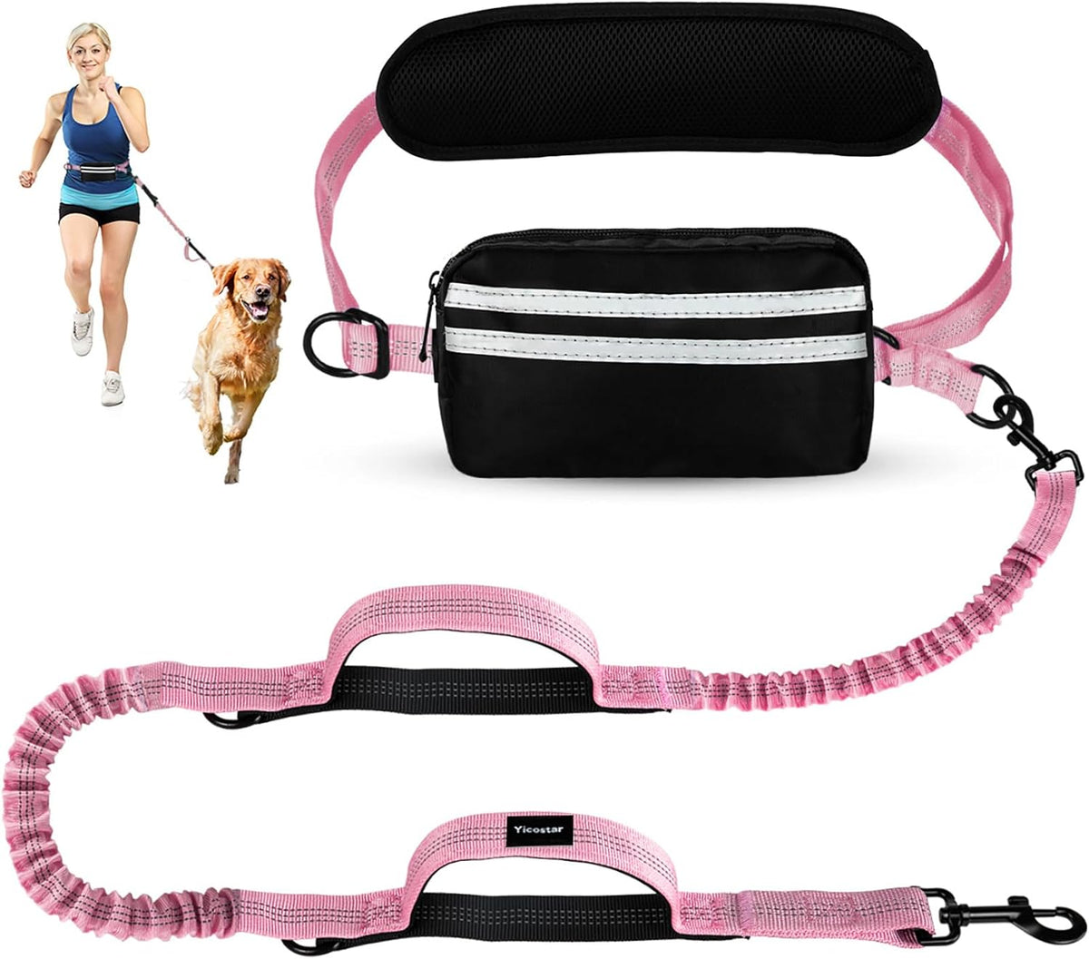 Hands Free Dog Leash, Adjustable Waist Belt with Double Padded Handles, Retractable Bungee for Medium & Large Dogs, Waist Leash for Dog Walking, Running, No Pull, Pink