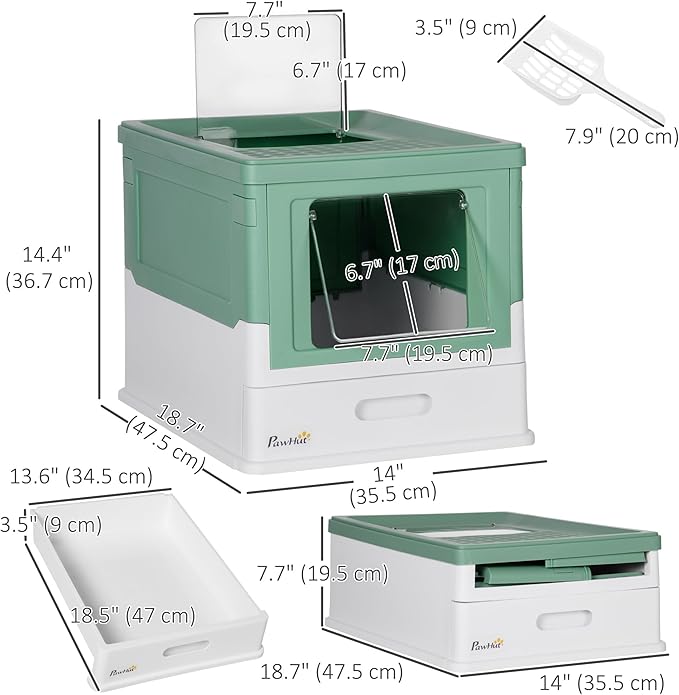 PawHut Fully Enclosed Litter Box with Scoop, Hooded Litter House with Drawer Tray, Foldable Smell Proof Cat Potty with Front Entry, Top Exit, Portable Pet Toilet with Large Space, Green
