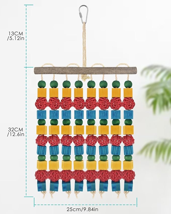 Large Parrot Toys, 17.7 inch Multicolored Natural Wooden Blocks Beads Rattan Balls, Bird Chew and Hanging Tearing Toys for Large Medium Birds Macaws African Grey Cockatoos Amazon Parrots