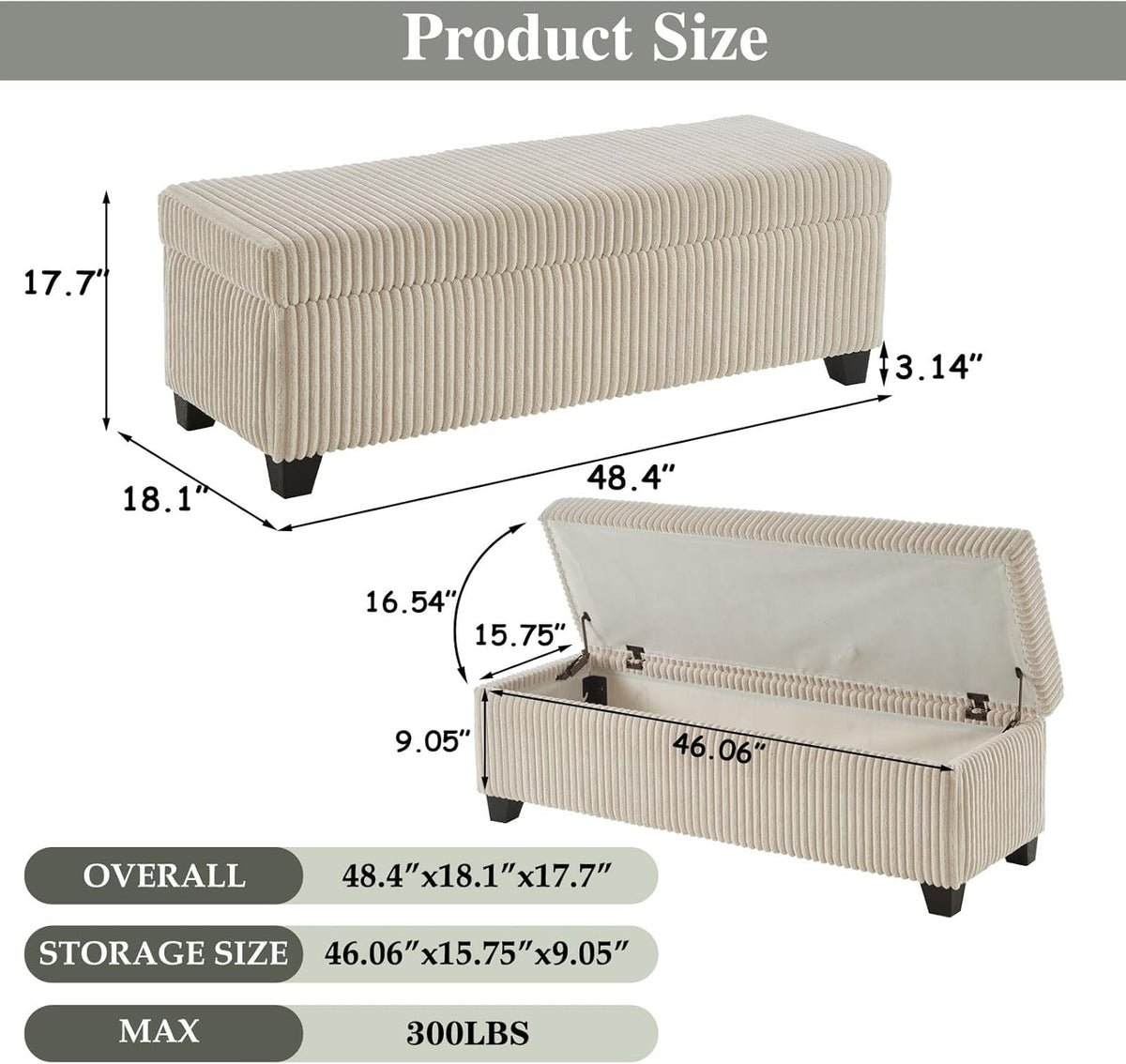 48" Ottoman with Storage, Corduroy Storage Ottoman Bench for Bedroom, End of Bed Bench with Safety Hinge for Living Room, Bedroom, Entryway, Beige
