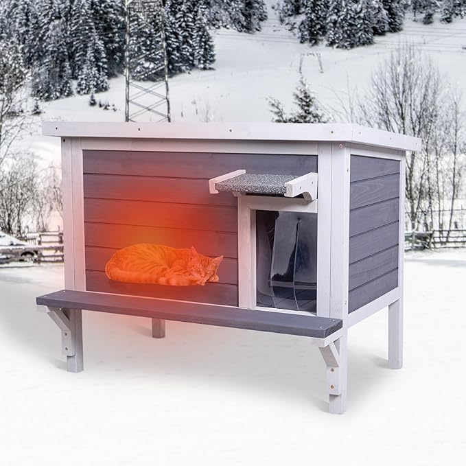 GEGURI Insulated Cat House Outdoor Weatherproof Feral Cat Shelter for Winter Large Wooden Enclosure with Escape Door