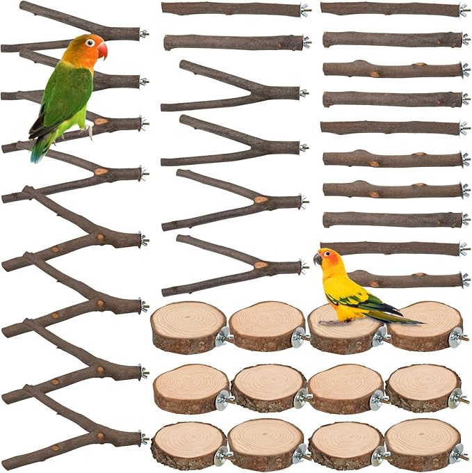 36 PCS Bird Perches Stand Toy, Natural Wood Parrot Perch Stand Bird Cage Branches Platform Accessories for Parakeets Cockatiels Conures Macaws Finches Love Birds