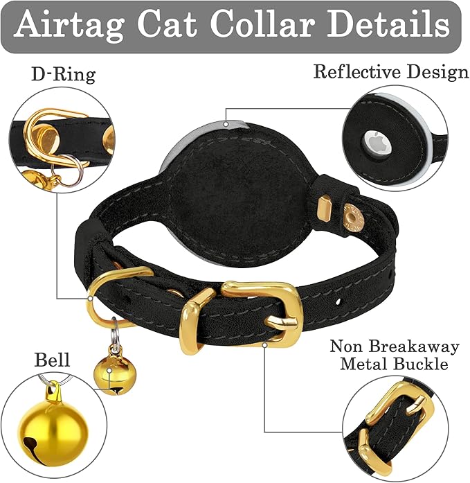 OOPSDOGGY Reflective Leather AirTag Cat Collar with Bell - Non Breakaway Adjustable Pet Collar with Apple Air Tag Holder - Lightweight GPS Kitten Collars for Small Dogs Puppy (Black)