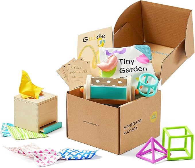 Tiny Land Montessori Baby Toy Set 4-6 Months – Early Learning Motor Skills Development Kit with 4-in-1 Soft Cloth Book, Spinning Rainbow Toy, Silicone Blocks and Baby Tissue Box