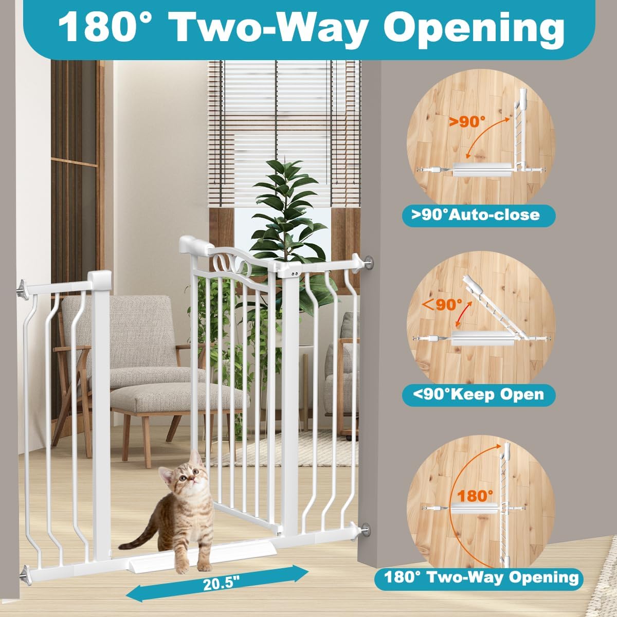 29.9-33.4 in Wide Baby Gate for Stairs Doorways, Auto Close Child Safety Gates Indoor for Dogs Pets, Pressure Mounted Metal Barrier Kids Toddler Door Walk Through, 30" Tall, White