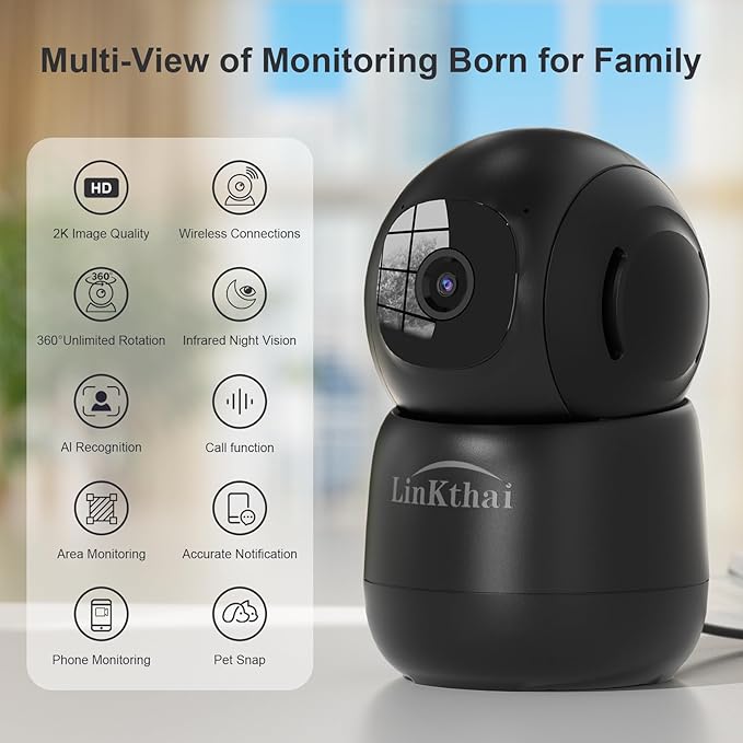 Indoor Camera, 2K Cameras for Home Security with App Motion Detection Auto Tracking Alarm Live Notice Schedule Default Location, Pet Camera with Night Vision, 2.4 GHz Black