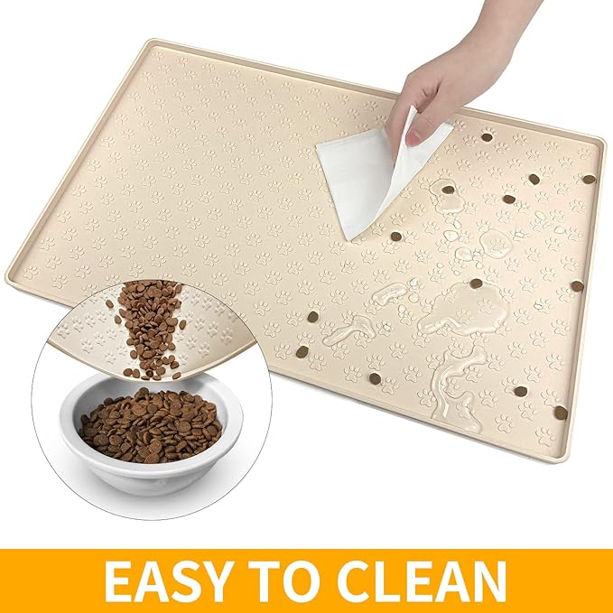 Ptlom Silicone Pet Placemat for Dog and Cat, Waterproof Anti-Slip Pet Feeding Bowl Mats for Food and Water, Small Medium Large Tray Mat Prevent Residues from Spilling to Floor, Beige, 31.5" 23.6"
