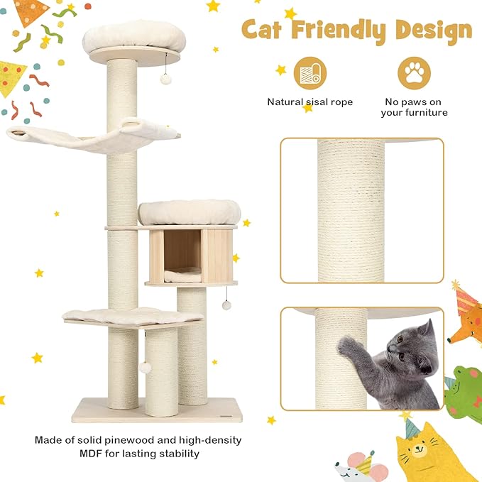 PETSITE 68.5" Tall Cat Tree, Multi-Level Modern Cat Tower with Sisal Scratching Posts, Top Perch, Cat Condo, Hammock, Jingling Balls, and Washable Cushions, Cat Tree Tower for Indoor Cats Large Adult