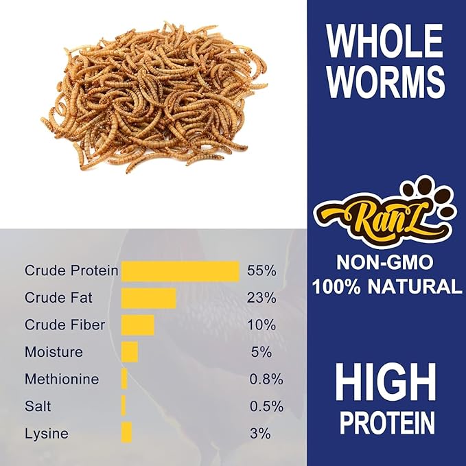 RANZ 8LBS Non-GMO Dried Mealworms for Chickens, High Protein Meal Worms, Premium Chicken Feed, Whole Large Mealworms for Blue Birds, Ducks, Fish
