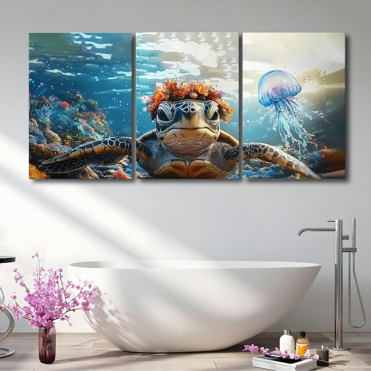 Wivsev Sea Turtle Canvas Wall Art,Under Sea Wall Art,Sea Life Pictures Wall Decor,Ocean Animal Painting for Bathroom,Living Room,Bedroom (24" x 36" x 3 pcs)