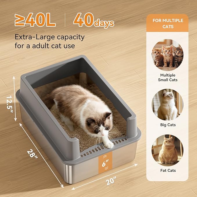 28" Extra Large XXL Stainless Steel Cat Litter Boxes with Lid Metal Cat Litterbox Pan for Big Cats and Multiple Cats, Anti-Leakage, Easy Cleaning, Include Scoop
