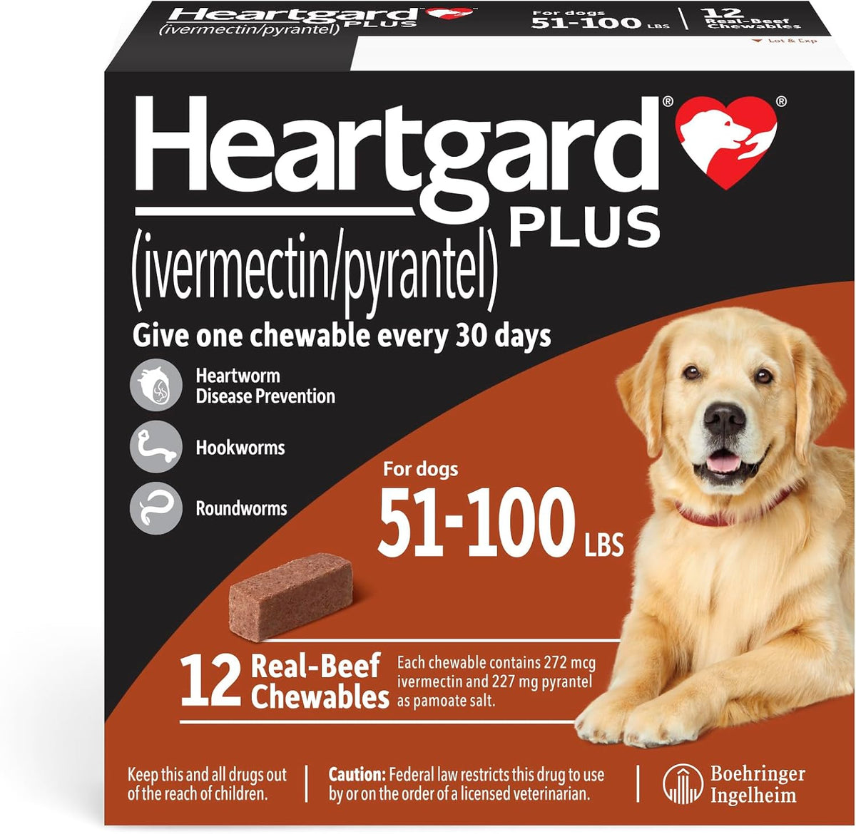 HEARTGARD® Plus (ivermectin/pyrantel) Real-Beef Chewables for Dogs 51 -100 lbs (Brown Box) 12 Month Supply of Chews (Heartworm Disease Preventive)