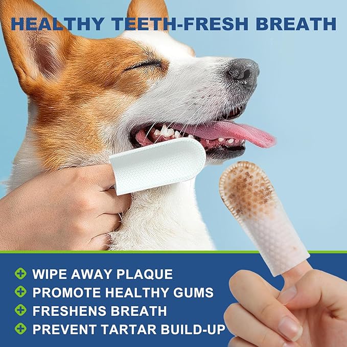 Dog Dental Care Finger Wipes, 60 PCS Teeth Cleaning Wipes for Dogs & Cats, Tooth Brushing Kit Dental Wipes Reduces Plaque & Freshens Breath, Disposable Gentle Cleaning & Gum Care Pet Wipe