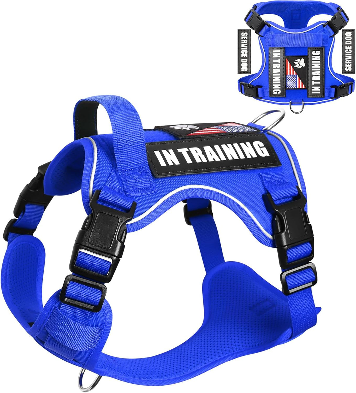 WINSEE Service Dog in Training Harness with 5 PCS Patches, Reflective Tactical Dog Vest Harness, Adjustable Soft Oxford Pet Harness with Easy Control Handle, Hook & Loop Panels for Walking Hiking