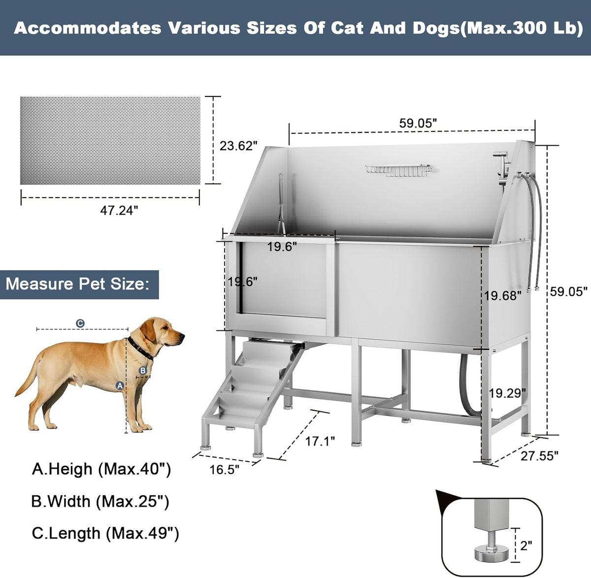 CuisinSmart 62" Dog Bathtub, Professional Dog Washing Station with Dog Wash Attachment, Dog Bath Pool for Outdoor, Indoor Shower and Grooming (Left Door)