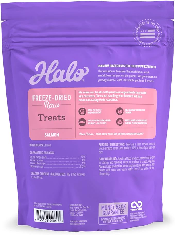 Halo Freeze Dried Raw Cat Treats, 100% Wild Caught Salmon Recipe, Cat Treats Pouch, All-Natural High Protien Treat, 1.6 Oz Pouch