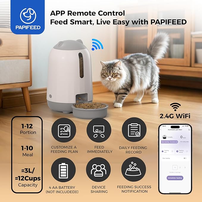 PAPIFEED Automatic Cat Feeder, 2.4G WiFi Auto Cat Food Dispenser with App Control, 3L Auto Pet Feeder with Dual Power Supply, Detachable for Easy Clean for Cats and Small Dogs, Grey
