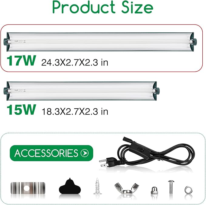 T8 Reptile Light Fixture Combo Kit 17W Green Light 10.0 UVB Fluorescent Tube for Reptiles