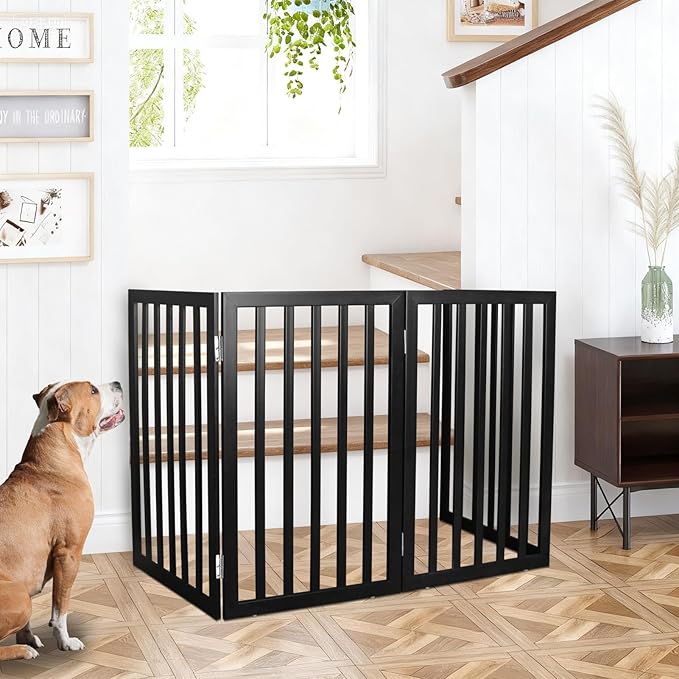 ZJSF Freestanding Indoor Dog Gate for House Foldable Wood Black Puppy Gate for Doorways Pet Gate for Stairs Extra Wide Pet Fence 24" Height 6 Panels