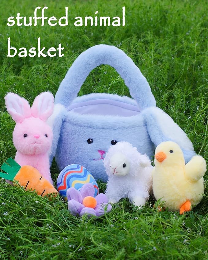 7 Piece Plush Stuffed Animals Playset Toys with Rabbit, Chick, Lamb, Carrot, Egg, Flower, Furry Bag, Soft Basket Set Toys for Girls Kids Ages 3+, Birthday Christmas Valentines Easter Party Favors