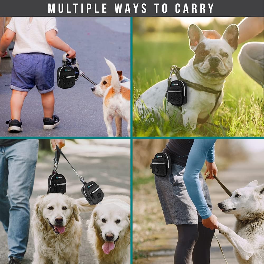PetAmi Dog Poop Bag Holder for Leash, Dog Pet Waste Bag Dispenser For Poop With Clip For Doggie Puppy Walking Accessories Travel Camping, Dog Treat Pouch Supplies Must Have With Doggy Bag Roll, Black