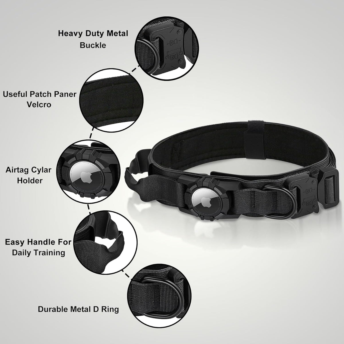Tactical AirTag Dog Collar Leash Set - Heavy Duty, Adjustable GPS Collar Compatible with Apple AirTag, with Holder & Control Handle for Medium/Large Dogs [Black, XL]