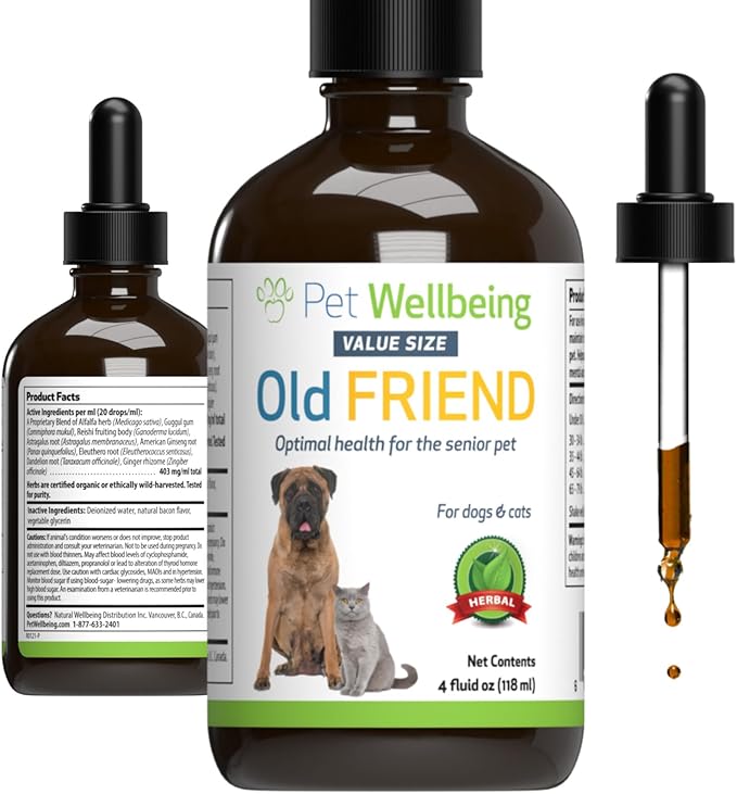 Pet Wellbeing Old Friend for Senior Dogs & Cats- Supports Immune System Health, Joint Mobility, Healthy Energy Levels, Alfalfa, Reishi - Veterinarian-Formulated Herbal Supplement 4 oz (118 ml)