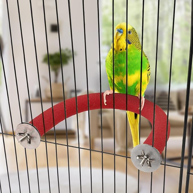 Rypet U Shape Parrot Perch Stand Toy for Paw Grinding Clean Stick Exercise, Rough-Surfaced Quartz Bird Perch Standing Cage Accessories for for Small Parakeets Cockatiels Conures Macaws Finches(Red)