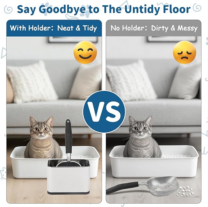 FHTONGE Stainless Steel Cat Litter Scoop Holder, Detachable Metal Cat Scooper Caddy, Universal Kitty Pooper Stand Trash Can Container for Most Pet Poop Shovels, Kitten Waste Scoops Storage Box