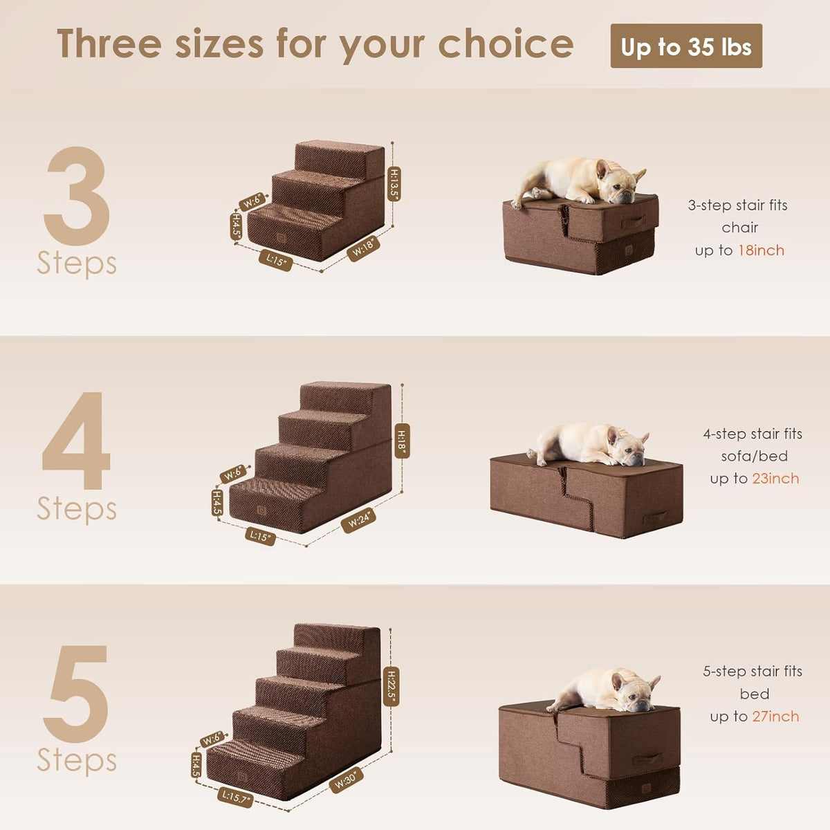 EHEYCIGA Dog Stairs for High Bed 22.5" H, 5-Step Dog Steps for Bed, Pet Steps for Small Dogs and Cats, Non-Slip Balanced Pet Ramp Indoor, Brown
