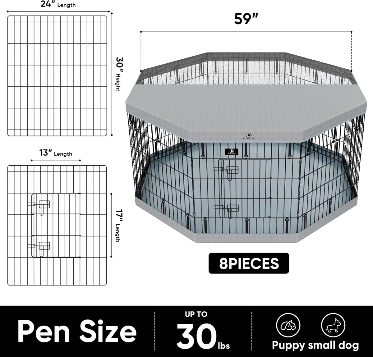 PJYuCien Dog Playpen, 8 Panels 30”H Dog Playpen Indoor with Grey Bottom Pad and Top Cover, Metal Foldable Dog Pen for Indoor Use, Better for Small Medium Animals, Grey