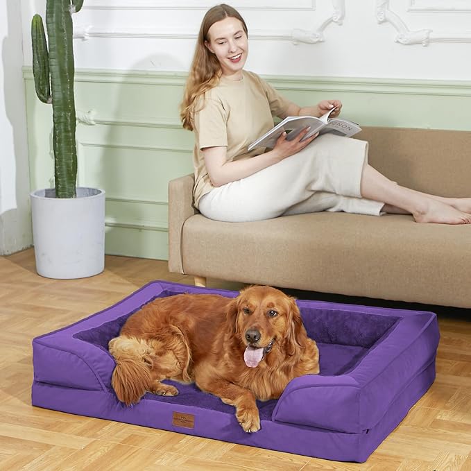 Comfort Expression Orthopedic Dog Bed for Medium Dogs 30x20 Inch, Waterproof Egg Crate Foam Medium Pet Bed with Removable Bolsters, Dog Couch with Washable Cover & Non-Slip Bottom, Deep Purple