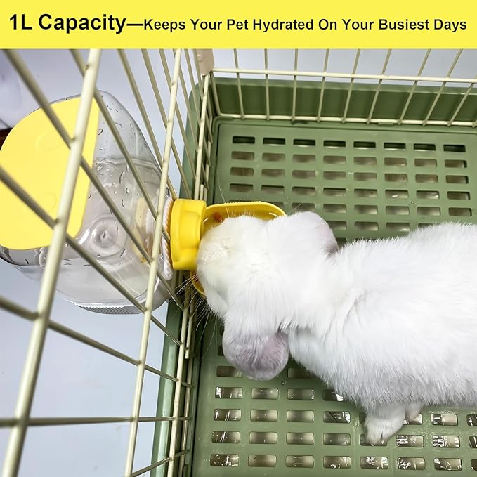 35oz Rabbit Water Bottle, Pet Hanging Automatic Water Dispenser for Small Animal Ferret Guinea Pig Chinchilla Dog Cat (Cage Grid Spacing 1.1''-2.1'') (Yellow)