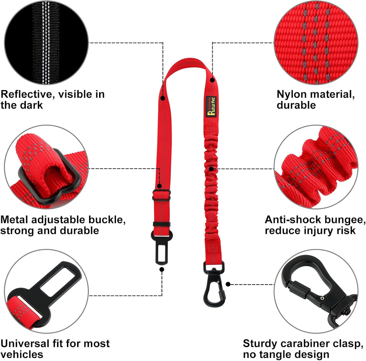 Plutus Pet Dog Seat Belt for Car, Adjustable Dog Car Harness with Carabiner Clip, Reflective Safety Dog Seatbelt Leash with Elastic Bungee, Red
