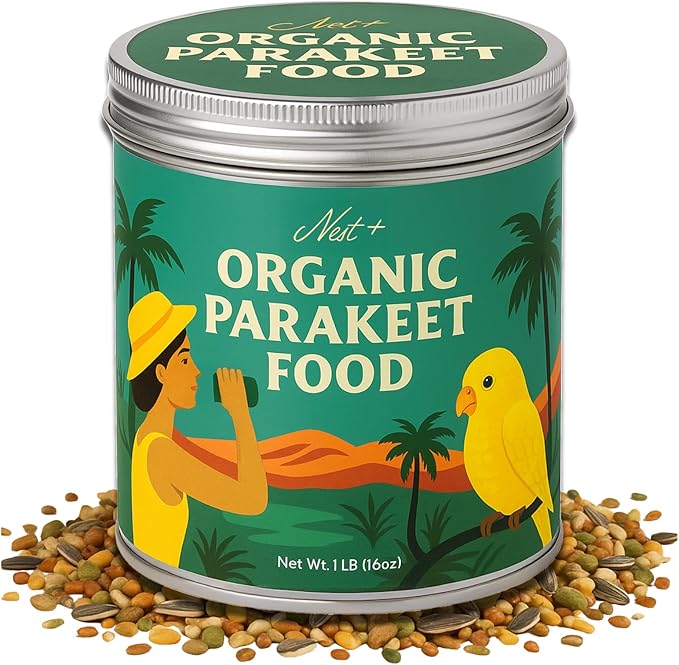 100% Organic Parakeet Food – Premium Bird Seed Mix with Oat Groats, Buckwheat, Amaranth, Super Veggies & Seeds – Reusable Tin + Stainless-Steel Scooper – Made in USA, Human Grade Ingredients (1lb)