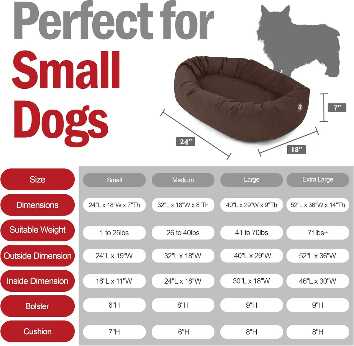 Majestic Pet 24 Inch Suede Shredded Memory Foam Mix Calming Small Dog Bed Washable 24 x 19 x 7 (Inch) - Cozy Soft Round Donut Dog Bed with Spine for Head Support - Pet Bed Chocolate