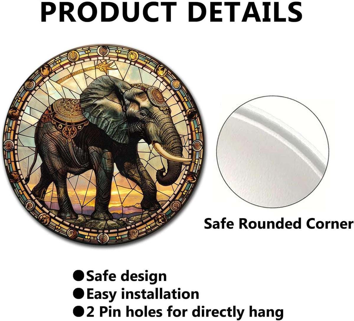 Lygond Metal Sign Tin Sign Circular Stained Glass Elephant Garden Tin Sign for Yard 8×8 Inches