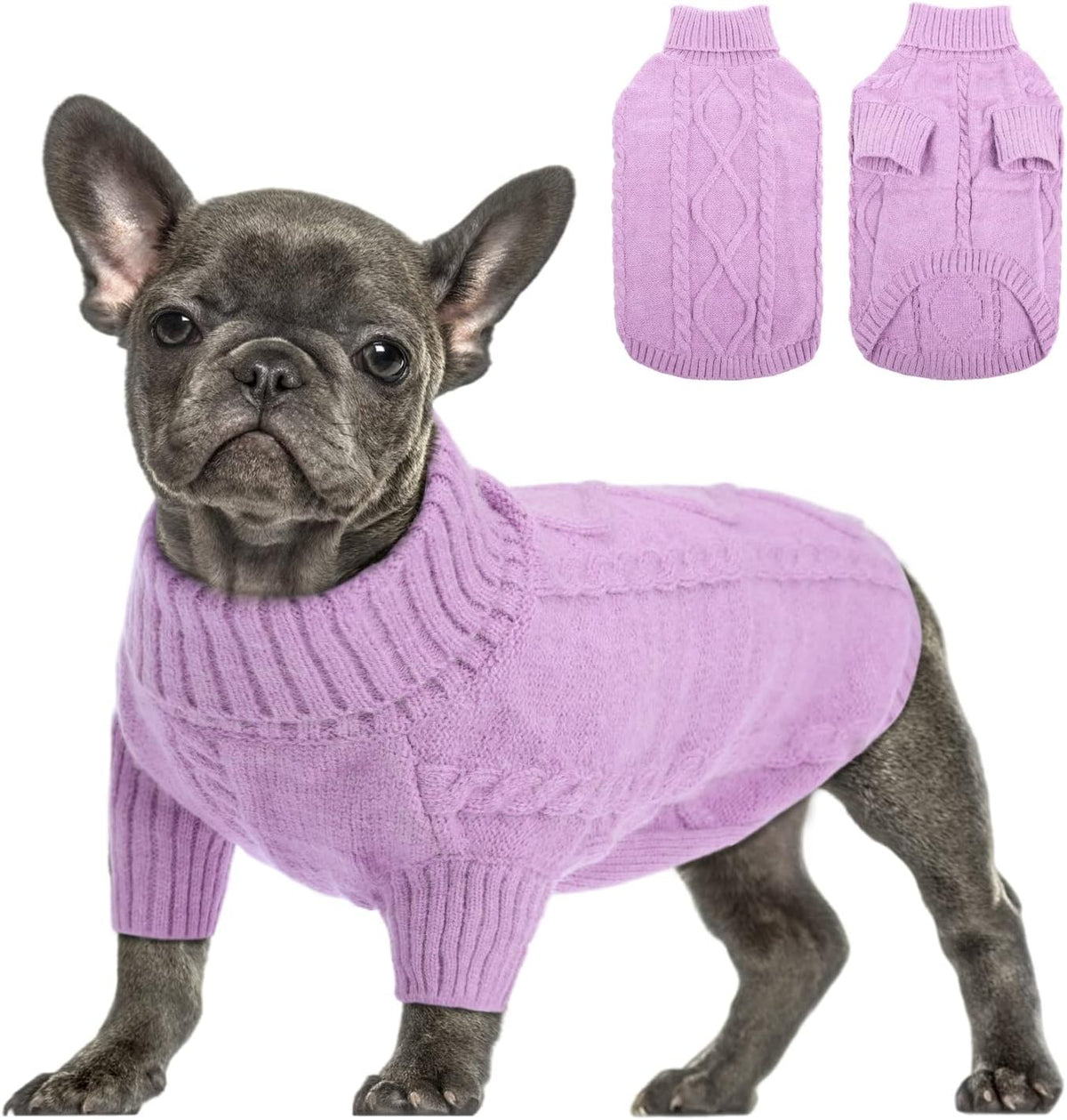 Queenmore Small Dog Pullover Sweater, Cold Weather Cable Knitwear, Classic Turtleneck Thick Warm Clothes for Chihuahua, Bulldog, Dachshund, Pug (Lilac, Medium)