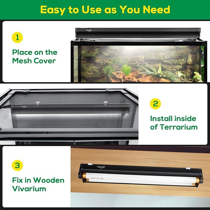 T5 UVB Reptile Light Fixture HO UVB Bulb Lighting Combo Kit, 10.0 UVB Light for Reptiles Terrarium Hood with 8W Reptile Light Bar UVA UVB Desert Lamp for Bearded Dragon Turtle Tank, 12 Inch
