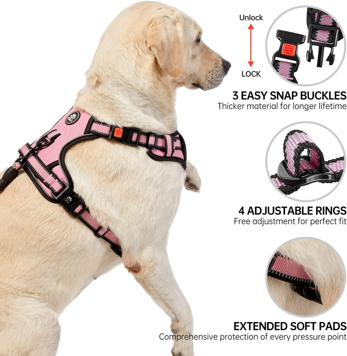 NESTROAD No Pull Dog Harness,Adjustable Oxford Dog Vest Harness with Leash,Reflective No-Choke Pet Harness with Easy Control Soft Handle for Large Dogs(Large,Pink)