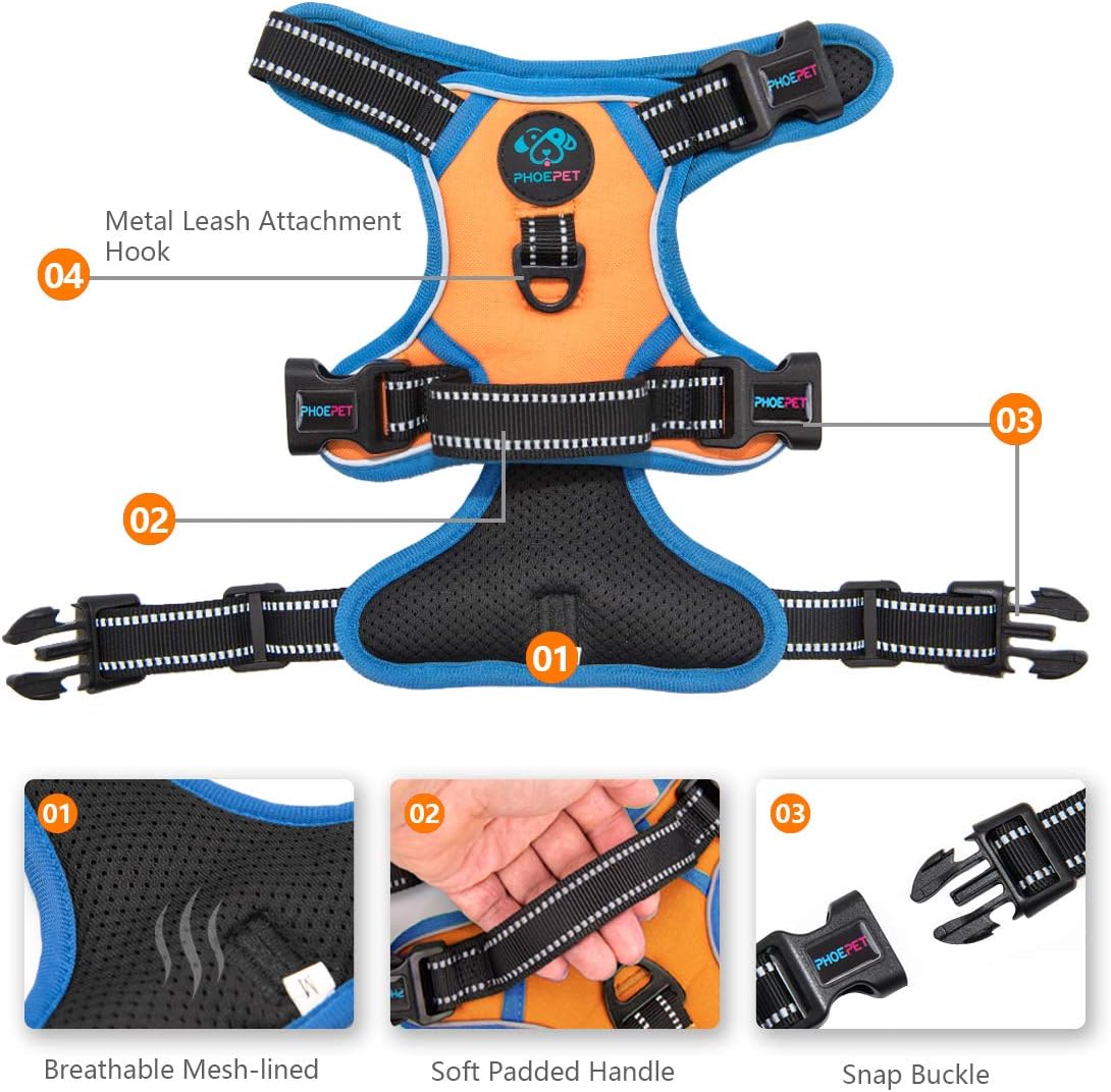 PHOEPET 2019 No Pull Dog Harnesses for Small Dogs Reflective Adjustable Front Clip Vest with Handle 2 Metal Rings 3 Buckles [Easy to Put on & Take Off] (XS, Orange)